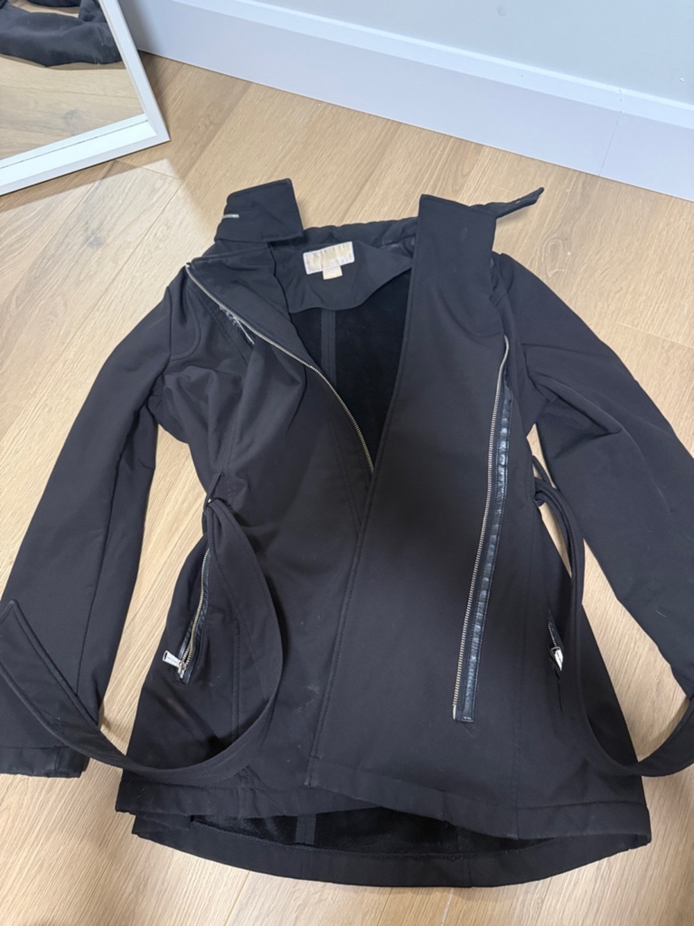 Michael Kors Black Asymmetrical Zip Leather-Trim Jacket